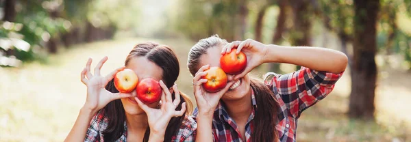 Chica con manzana en el huerto de manzana —  Fotos de Stock