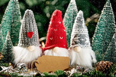 Gnome 'lu Noel kompozisyonu ve ahşap arka planda şenlikli dekorasyonlar.