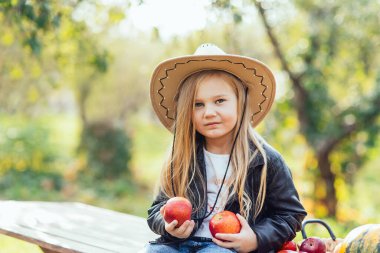 Dışarıda organik kırmızı elma yiyen bir kızın portresi. Hasat Konsepti. Sonbaharda çiftlikte elma toplayan bir çocuk. Çocuk ve Ekoloji. Sağlıklı beslenme bahçesi yemekleri. Kovboy şapkalı kız