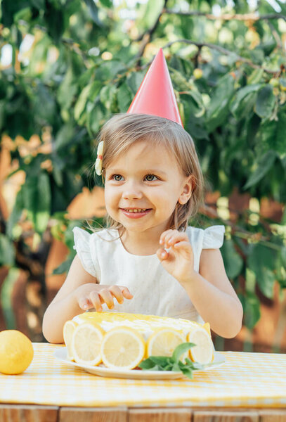 Girl Eating Lemon Birthday Cake Lemonade Birthday Party Summer Park Royalty Free Stock Photos