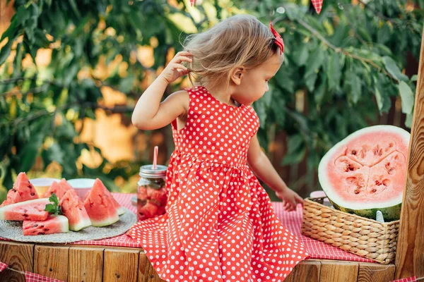 Lemonade Stand. Adorable little girl trying to sell lemonade. Watermelon lemonade with ice and mint as summer refreshing drink in jars. Cold soft drinks with fruit. Child drinking lemonade in jar