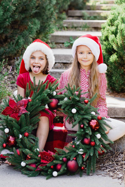 Merry Christmas Portrait Two Happy Funny Children Girls Santa Hat Royalty Free Stock Photos