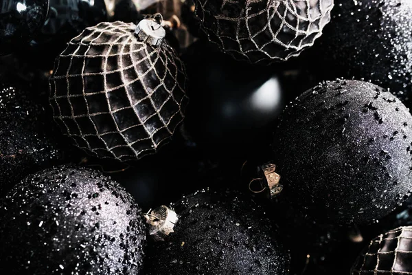 Macro Nero Giocattoli Natale Sfondo Prepararsi Decorare Albero Natale Decorazione — Foto Stock