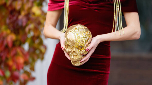 Skull Decorated Day Dead Mexico Golden Glitter Woman Hands Los Stock Image