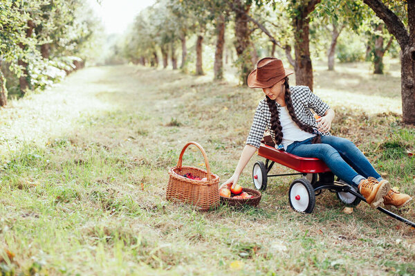Girl Apple Apple Orchard Beautiful Girl Eating Organic Apple Orchard Stock Picture