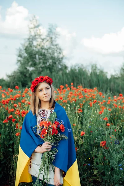 Girl Carries Fluttering Blue Yellow Flag Ukraine Field Ukraines Independence — Stock Photo, Image
