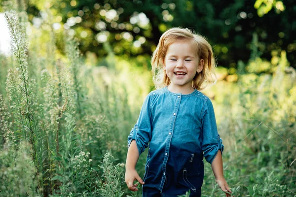 Närbild Porträtt Glad Söt Liten Flicka Ljus Klänning Fält Vilda — Stockfoto