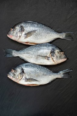 Çiğ balık dorada. Koyu arka planda iki çiğ balık fileto yemek ve yemek için hazır. Üst Manzara. Sağlıklı gıda konsepti. Akdeniz mahsulleri. yaldızlı çipura.