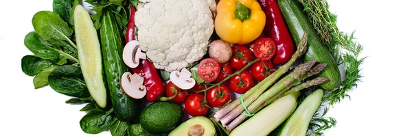 Vários Vegetais Isolados Fundo Branco Conceito Alimentação Saudável Deitado Legumes — Fotografia de Stock