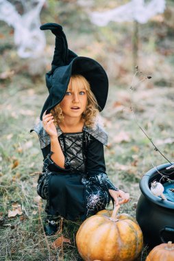 Güzel cadı kız. Küçük kız Cadılar Bayramı 'nı dışarıda kutlayacak ve eğlenecek. Çocuklar şaka mı şeker mi? Büyülü kız cadı. Büyü kitabı..