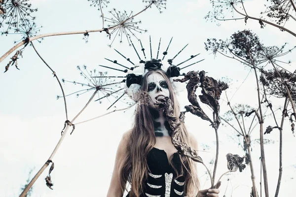 Calavera Catrina 'nın siyah elbiseli portresi. Şeker kafa makyajı. Dia de los muertos. Ölüler Günü. Cadılar Bayramı.