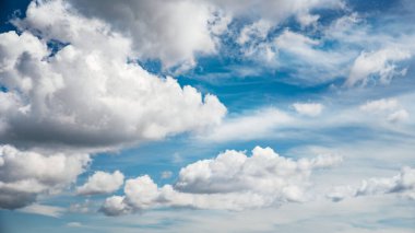 Panoramik Mavi Gökyüzü, hafif kabarık bulutlu afiş arkaplanı. Geniş Açı Doğal Duvar Kağıdı Kopyalama Alanı. Tasarım için doku. İnanılmaz çevre dostu bulutlar