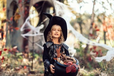 Güzel cadı kız. Küçük kız Cadılar Bayramı 'nı dışarıda kutlayacak ve eğlenecek. Çocuklar şaka mı şeker mi? Büyülü kız cadı. Büyü kitabı..