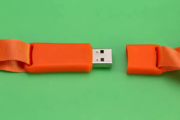 Orange Usb Flash Memory Green Background — Stok Foto