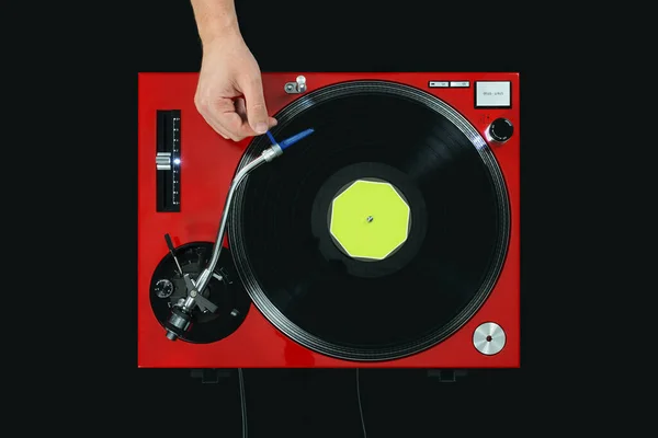Turntable Playing Music Hand Top View — Stock Photo, Image