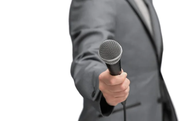 Kérdező Vagy Mikrofonnal Kezében Riporter Mikrofon Fehér Háttér — Stock Fotó