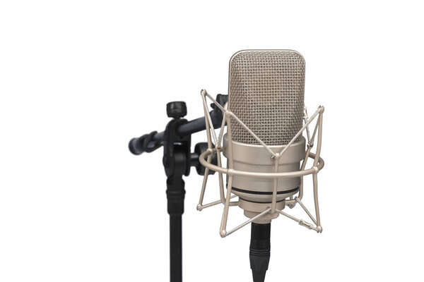 Professional microphone with large diaphragm on white isolated background, mic. Front view