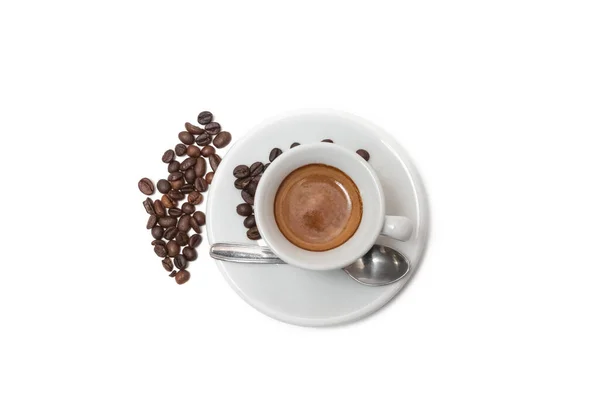 Kaffe Med Bönor Isolerade Vit Bakgrund Ovanifrån — Stockfoto