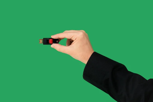 Black Flash Drive Hand Isolated Green Background Front View — Stock Photo, Image