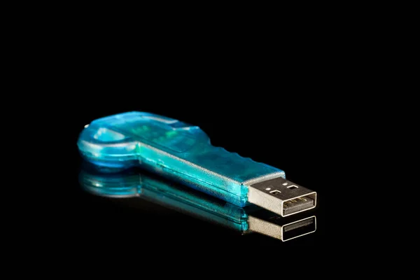 Blue Usb Flash Memory Black Background Front View — Stock Photo, Image