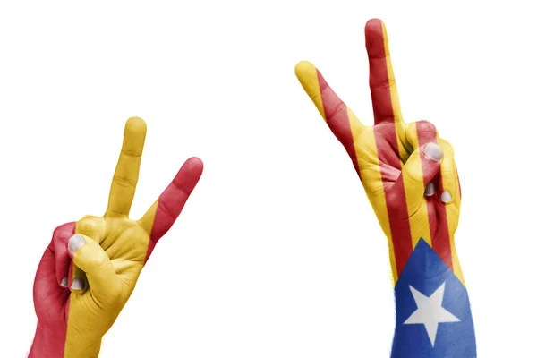 İspanyolca ve Katalanca bayrak zaferini, referandum kutluyor ellerde boyalı. İzole beyaz arka plan