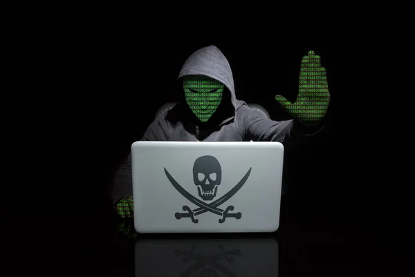 Anonym Mit Ziffer Gesicht Mit Einem Stop Hacking Geste Dunklen — Stockfoto