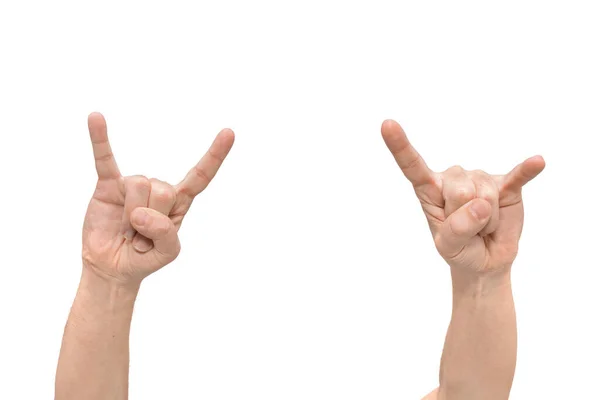 Duas Mãos Gesto Com Chifres Fundo Branco Isolado Vista Frontal — Fotografia de Stock