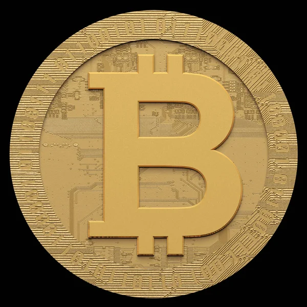 Golden Bitcoin Isolated Black Background Front View - Stock-foto