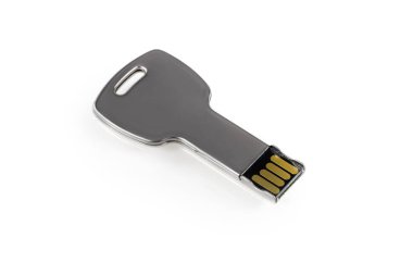 İzole edilmiş beyaz arkaplanı olan USB Key Flash sürücüsü. Üst görünüm