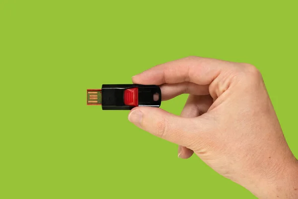 Black Usb Flash Drive Hand Isolated Green Background Front View —  Fotos de Stock