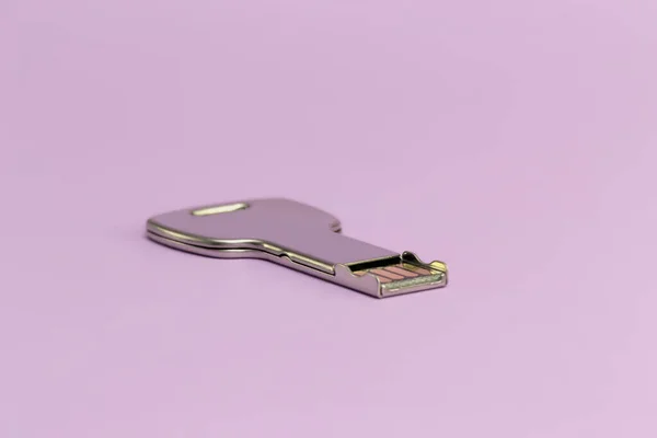 Usb Key Flash Drive Isolated Purple Background Front View — Stok Foto