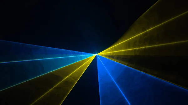 Disco laser with blue and yellow rays. Side view