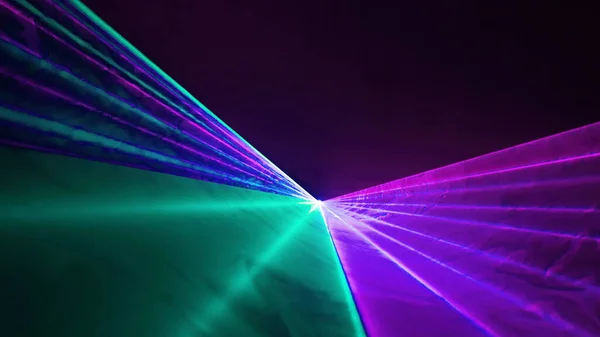 Multicolored Disco Laser Beams Smoke Lateral Perspective — 스톡 사진