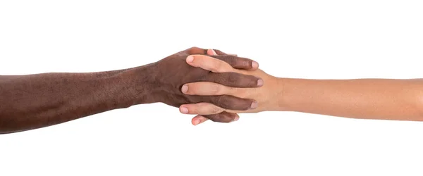 White Caucasian Female Hands Black African American Hands Grip Hand — Stock Photo, Image