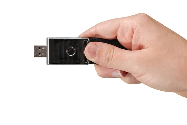 Black Memory Stick Hand White Background Front View — Zdjęcie stockowe