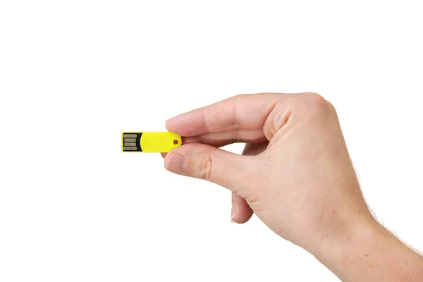 Yellow Usb Flash Memory Hand Isolated White Background Front View — Stockfoto