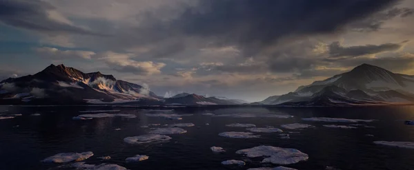 3D environment of the Arctic Mountains with small iceberg in the water. Panoramic landscape