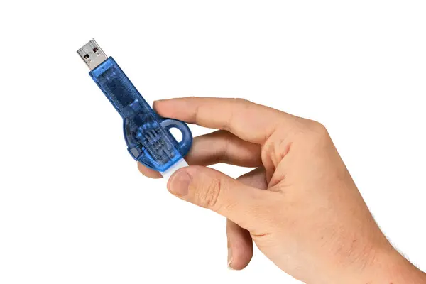 Μπλε Memory Stick Στο Χέρι Λευκό Φόντο Πρόσθια Όψη — Φωτογραφία Αρχείου