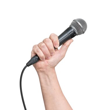 Reporter with a microphone in hand ready to interview. White isolated background