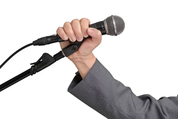 Professzionális Énekes Szürke Ellenőrzött Dzsekivel Elszigetelt Fehér Háttérrel Kéz Mikrofon — Stock Fotó