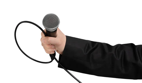 Interviewer Reporter Microphone Hand Black Jacket White Isolated Background — Stok fotoğraf