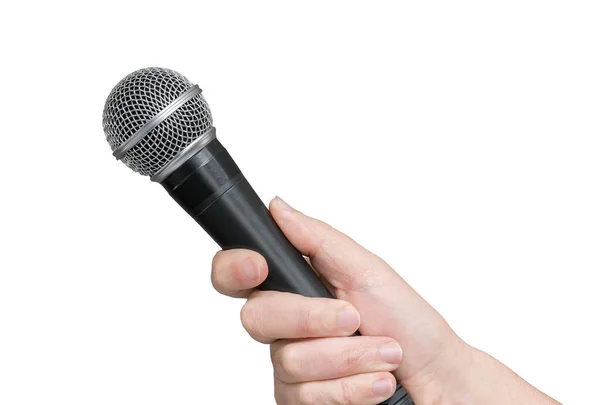Interjúkészítő Vagy Riporter Egy Közeli Mikrofonnal Kezében Fehér Elszigetelt Háttér — Stock Fotó