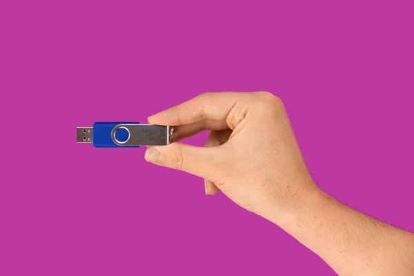 Blue Usb Pen Drive Hand Isolated Pink Background Front View —  Fotos de Stock