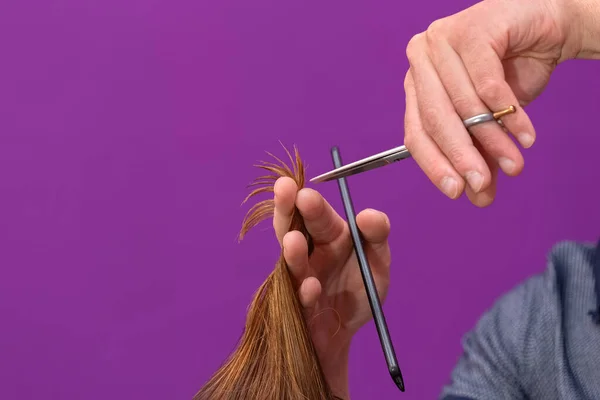 Peluquería Cortando Las Puntas Del Cabello Una Mujer Con Cabello —  Fotos de Stock