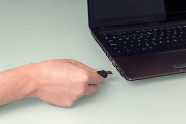 Usb Black Flash Memory Hand Connecting Laptop Close — Stock Photo, Image
