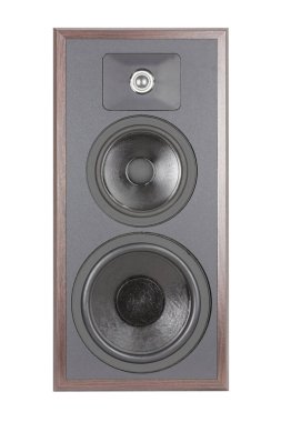 Formerly a professional three-way audio speaker made of wood. Front view of the object. Isolated white background