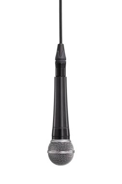 Mic - Professional dynamic microphone hanging from a cable. Isolated white background
