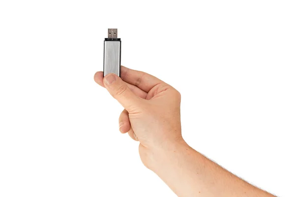 Metal Usb Memory Stick Hand White Background Front View — Zdjęcie stockowe