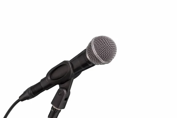 Mikrofon Profi Fekete Dinamikus Mikrofon Egyik Lábon Elszigetelt Fehér Háttér — Stock Fotó