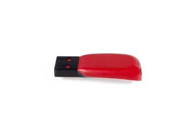 USB Memory Stick - Red Flash Drive on White Background Isolated. Close-up